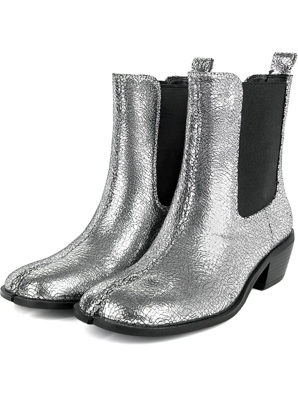 Women's Broken Mirror Silver Split Toe Shoes Ankle Boots Chunky Heels Booties